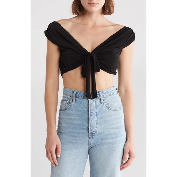 New Lisa Says Gah Luna Tie Front Crop Top in Black-Slinky Women's Size 3XL - Picture 1 of 8